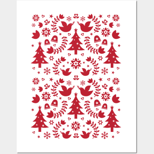 Scandinavian Vintage Christmas Doves Trees Pattern - Red Posters and Art